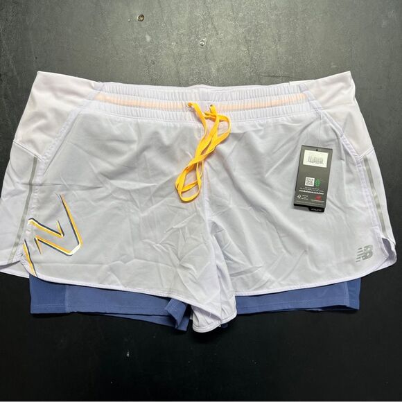 New Balance Libra Printed Impact Run 2in1 Shorts in White and Yellow 0657 - Picture 1 of 14